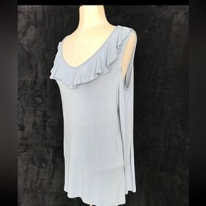 Cato Womens Light Blue V-Neck Ruffle Cold Shoulder Long Sleeve Top - Size L